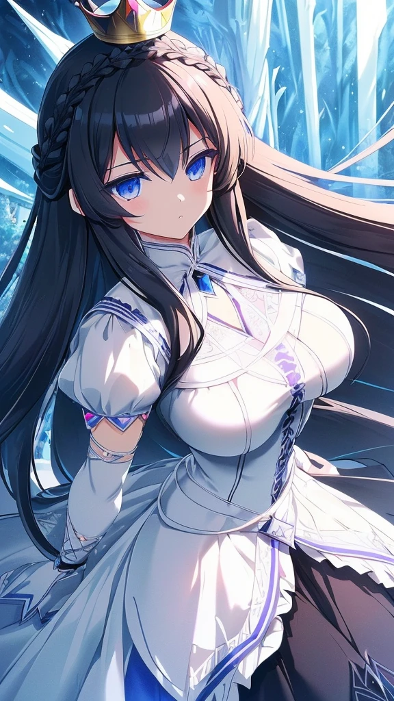 best quality, extremely detailed,anime style girl,long hair down to the waist, straight hair, ((dark black hair with bluish)),((crown braid)),beautiful detailed eyes, pinched eyes, (dark blue eyes),huge breasts,curvy,((((white main princess battle dress)))),clothing with complex patterns,cool expression,((((mysterious nature)))),((Diagonal angle)),dynamic angle