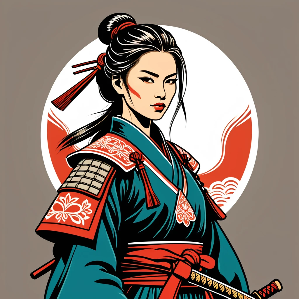 female samurai in hungarian folk outfit, vector graphics, strong contours, logo design