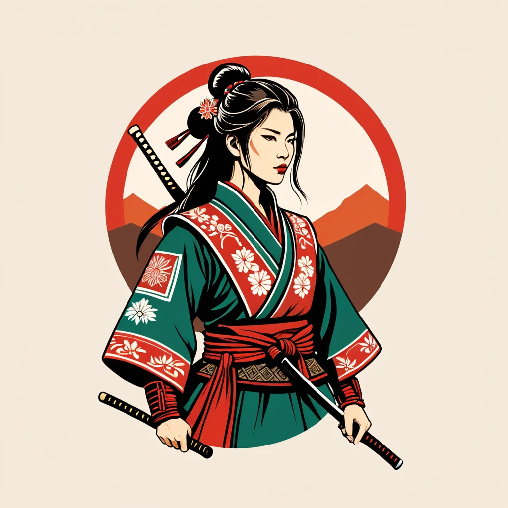 female samurai in hungarian folk outfit, vector graphics, strong contours, logo design