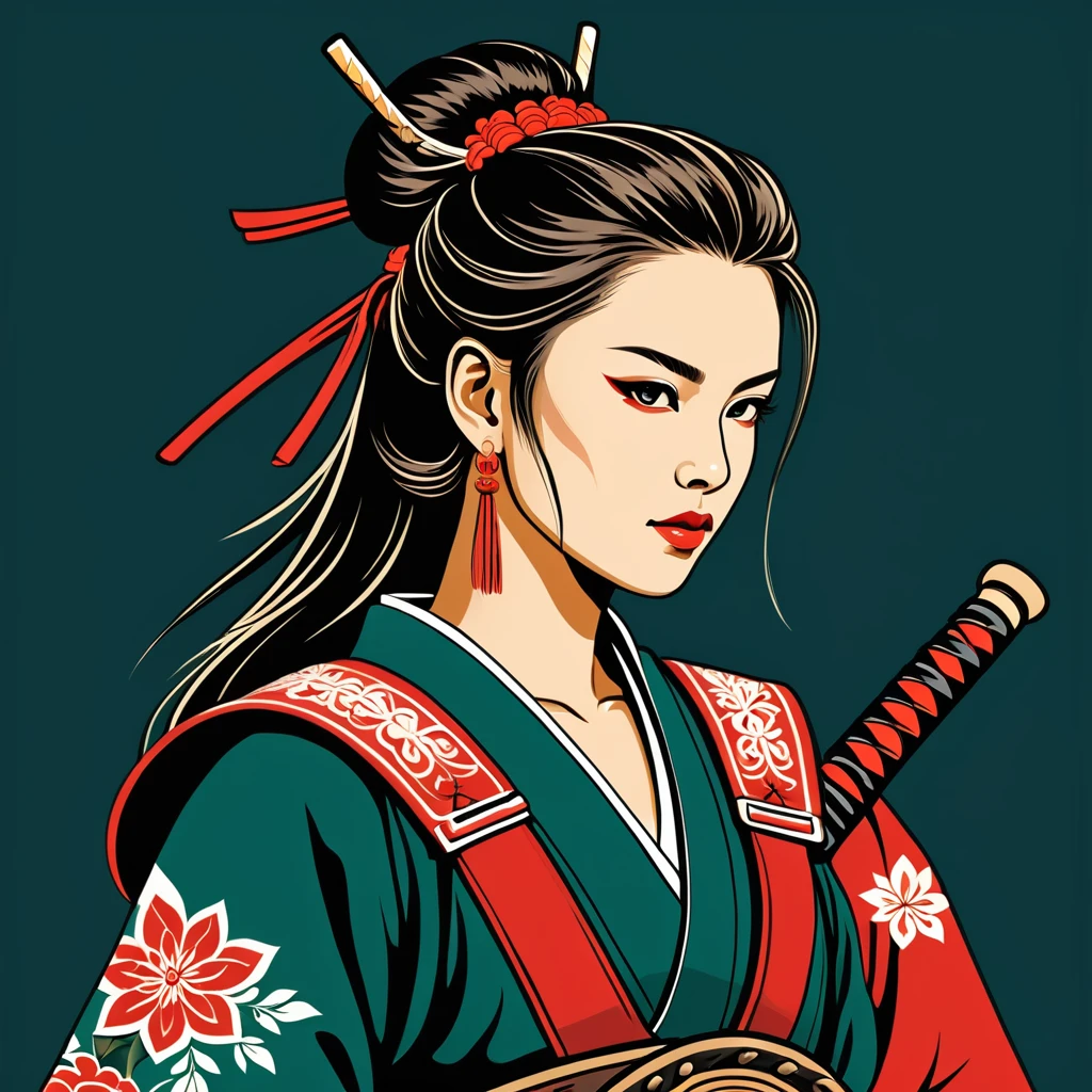 female samurai in hungarian folk outfit, vector graphics, strong contours, logo design