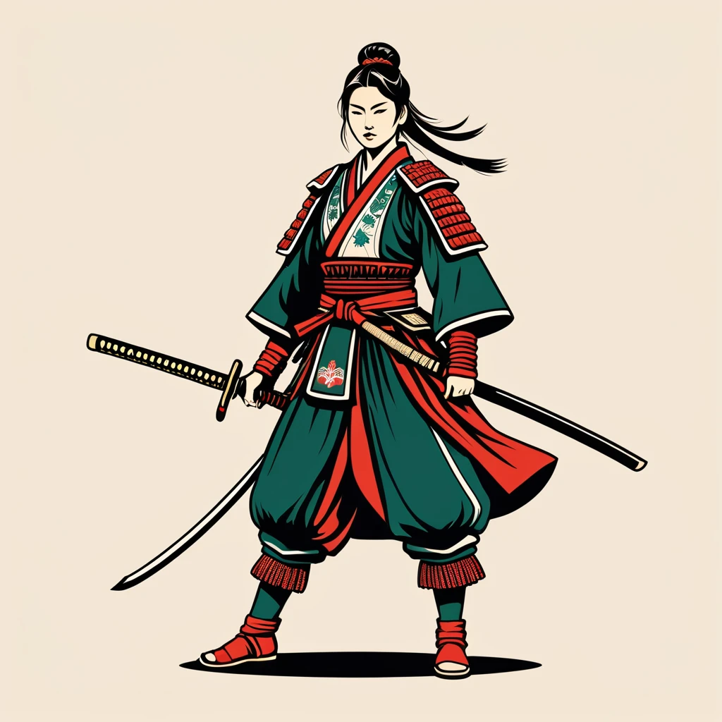 female samurai in hungarian folk outfit, vector graphics, strong contours, logo design