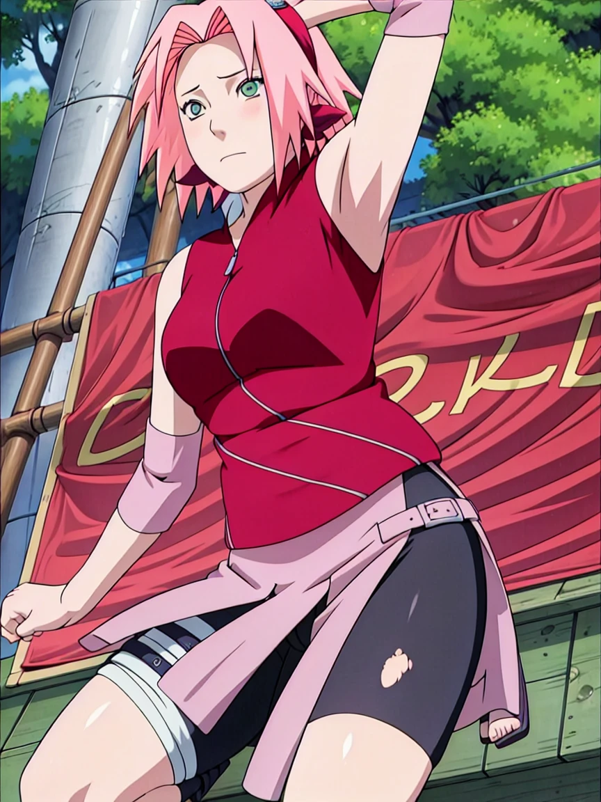 Sakura Haruno nude,wide hips,abdomen,sexy ,Show your armpits,jump,On the tree,IPST, naked,Torn shirt,blushing,sexually aroused, In the forest,open shirt,nipple,pink nipples,full body