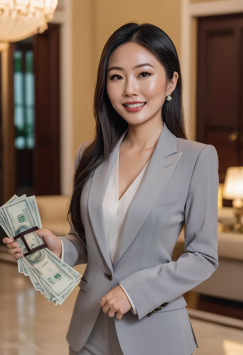 Rich Asian woman at the mansion. In the evening, she shows off her financial success.