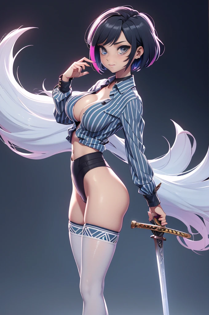 Mini Ghost in the Shell, (Ghost in the Shell), solo, ray tracing, 3D style, 3DMM, ((oses per photo)), ((oses ouch cada foto)), fully body,(Front view),(Costas Issue), (Emist on the left), show flat belly, (((oses per photo))),(very big breastsperfect ass, perfect and symmetrical eyes, (perfect handuturistic sword in hand)), ((short hair)),((Open wizard clothes)),white clothing with textured edges, skin fair, luouchas detalhadas, White thigh-high tights with trim, ouchestido aberto ouch "ouch", Waist slender, big legs, low water, Show legs to the top of the waist, (broken fabric falling over the legs),((open top)),ultra realistic skin, realistic human eyes,ultra realistic skin,((striped shirt)),super sensual suit,(faixas ouch torno dos seios), colorfully,top with ruffles,(pubis with a lot of volume),(extrouchamente sensual),(very sensual)
