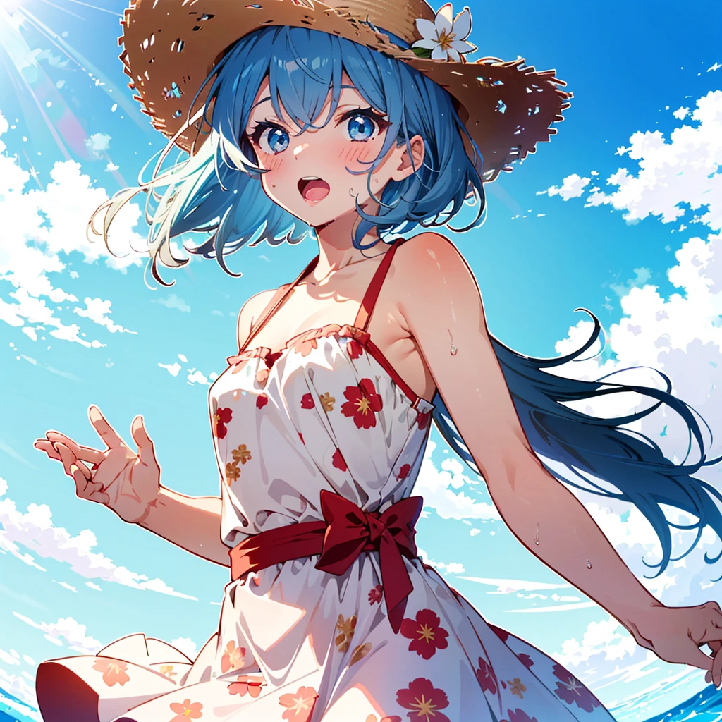 Absurd, Masterpiece, Best Quality, (Super Detailed), (Nice Hands, Perfect Hands), Ideal Proportions of the Body, BREAK (Vector Outline, Flat Color: 1.3), ((1girl)), Solo , stand, (raised hand) ), from the side, upper body close-up, big breasts, from below, on the sandy beach, blue sky, wind, rim light, sunlight, beautiful lighting, BREAK cute girl, 7 years old, (young: 1.8), fine blue eyes , (Eye highlights), Silver medium bob hair: 1.2), Medium breasts, Surprised, Wide open mouth, (Full blush), Sweat, Floating hair, BREAK (wearing floral sundress), (Floating skirt) , No panties: 1.3), Straw hat, Erotic position, Clothes are wet and transparent, ((nsfw)),