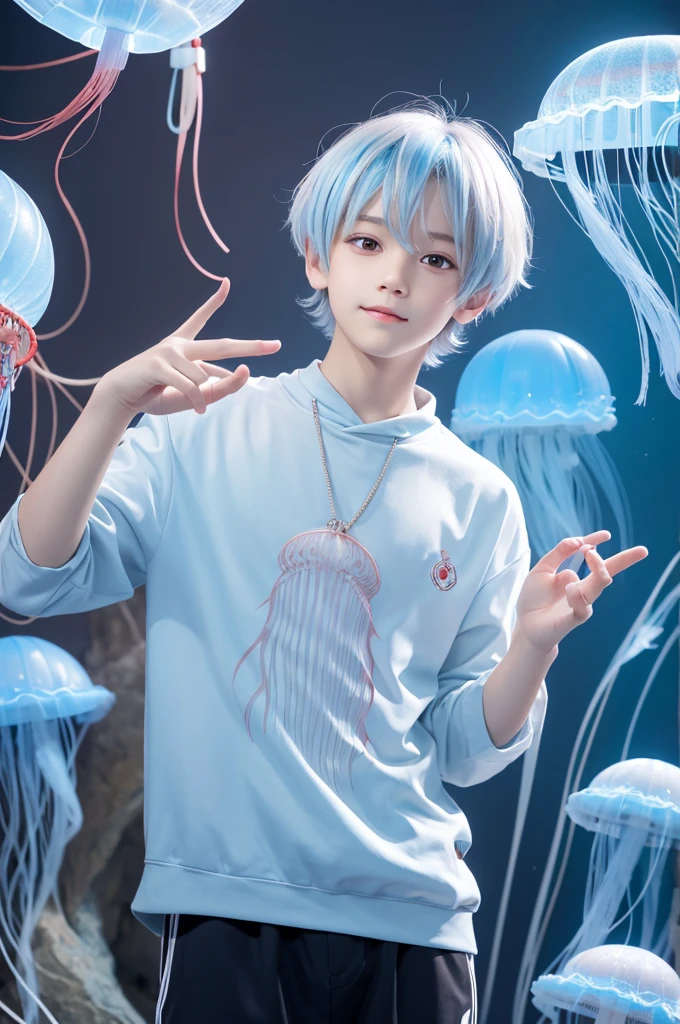 Beautiful young man,1 Boy, Full, Vtuber, Standing, Happy, slightly darker red eyes, short white, light blue mesh hair, jellyfish motifs