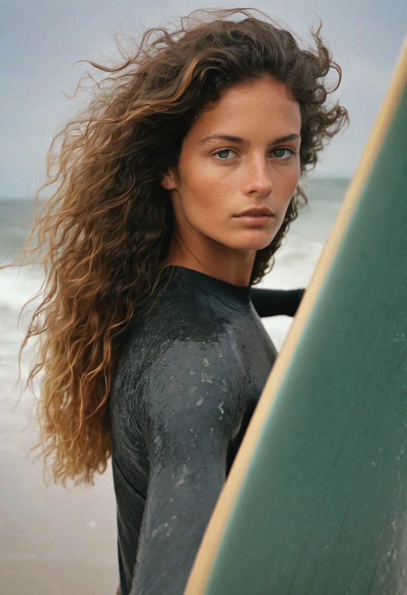 Photo prise à moitié du corps d'une femme . Elle a de longs cheveux noirs ondulés ébouriffés par la brise océanique.. Elle est debout près de la plage, porte une planche de surf. Rétroéclairage naturel aux heures dorées.
