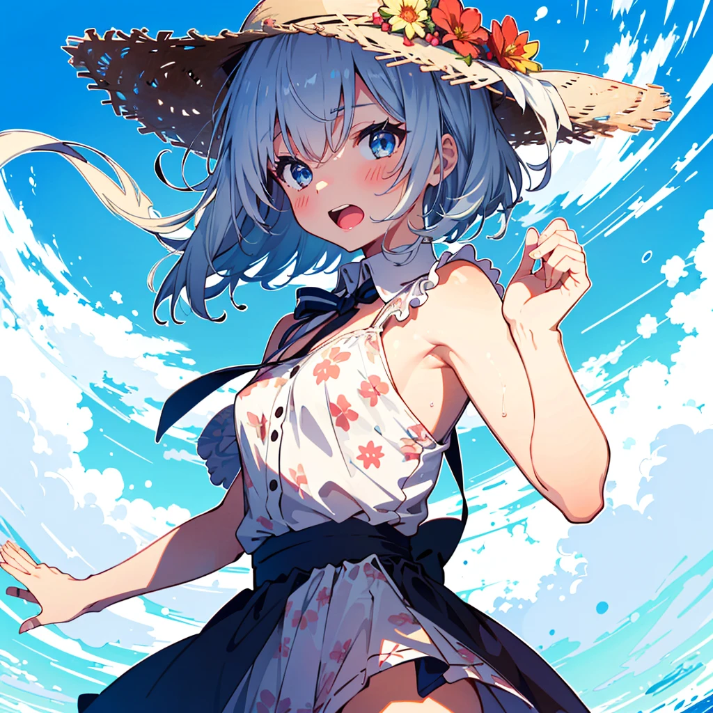 Absurd, Masterpiece, Best Quality, (Super Detailed), (Nice Hands, Perfect Hands), Ideal Proportions of the Body, BREAK (Vector Outline, Flat Color: 1.3), ((1girl)), Solo , stand, (raised hand) ), from the side, upper body close-up, big breasts, from below, on the sandy beach, blue sky, wind, rim light, sunlight, beautiful lighting, BREAK cute girl, 7 years old, (young: 1.8), fine blue eyes , (Eye highlights), Silver medium bob hair: 1.2), Medium breasts, Surprised, Wide open mouth, (Full blush), Sweat, Floating hair, BREAK (wearing floral sundress), (Floating skirt) , No panties: 1.3), Straw hat, Erotic position, Clothes are wet and transparent, ((nsfw)),