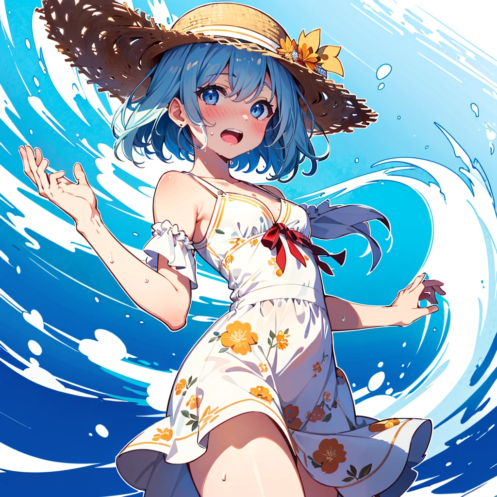 Absurd, Masterpiece, Best Quality, (Super Detailed), (Nice Hands, Perfect Hands), Ideal Proportions of the Body, BREAK (Vector Outline, Flat Color: 1.3), ((1girl)), Solo , stand, (raised hand) ), from the side, upper body close-up, big breasts, from below, on the sandy beach, blue sky, wind, rim light, sunlight, beautiful lighting, BREAK cute girl, 7 , (young: 1.8), fine blue eyes , (Eye highlights), Silver medium bob hair: 1.2), Medium breasts, Surprised, Wide open mouth, (Full blush), Sweat, Floating hair, BREAK (wearing floral sundress), (Floating skirt) , No panties: 1.3), Straw hat, Erotic position, Clothes are wet and transparent, ((nsfw)),