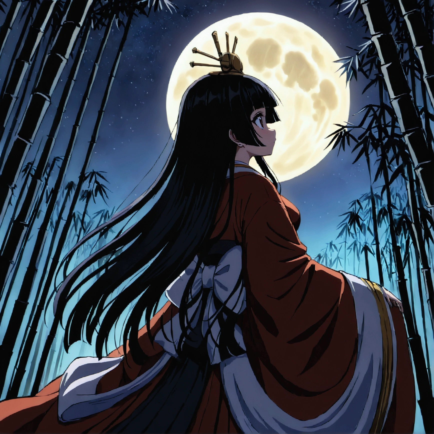 The World of Kaguyahime, hinamatsuri ohinasama, the figure standing looking at the moon is full of melancholy,  (heian red:1.1) japanese clothes, wide sleeves, red (karaginumo:1.1), layered kimono, 1girl solo, beautiful detailed hair, black hair (hime cut:1.2) very long hair spread out, (she sees full moon:1.3), (beautiful standing back view), super wide shot, cinematic lighting, beautifully lit, starry sky, light particles, from behind, (beautiful bamboo grove:1.1) 