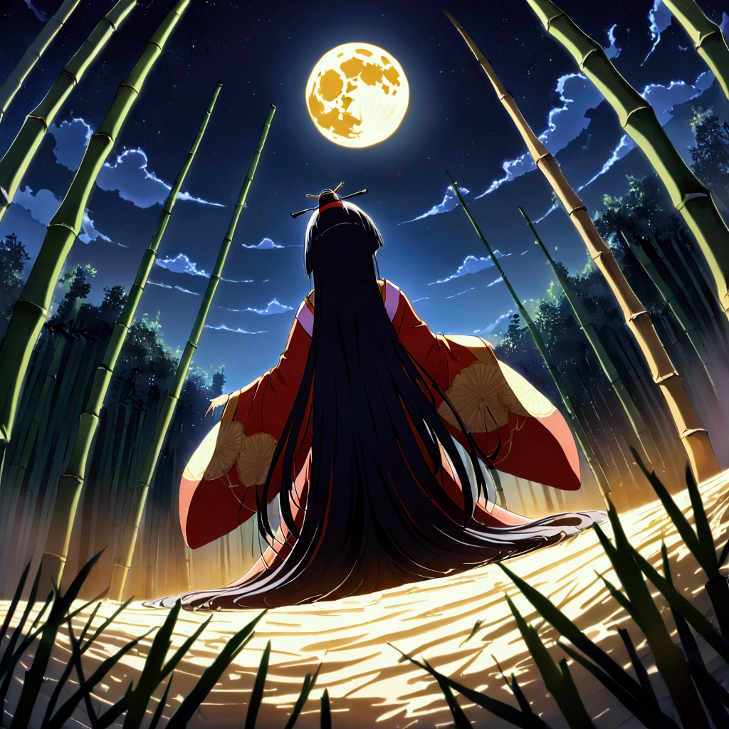 The World of Kaguyahime, hinamatsuri ohinasama, the figure standing looking at the moon is full of melancholy,  (heian red:1.1) japanese clothes, wide sleeves, red (karaginumo:1.1), layered kimono, 1girl solo, beautiful detailed hair, black hair (hime cut:1.2) very long hair spread out, (she sees full moon:1.3), (beautiful standing back view), super wide shot, cinematic lighting, beautifully lit, starry sky, light particles, from behind, (beautiful bamboo grove:1.1) 