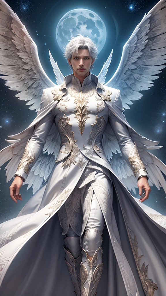 a male 35 year old angel, white leather coat, with thousands majestic wings, with a full moon in the background, divine art, massive size, stand between two mountains, ultra definition, best quality, 32k ultra, ultra HD.