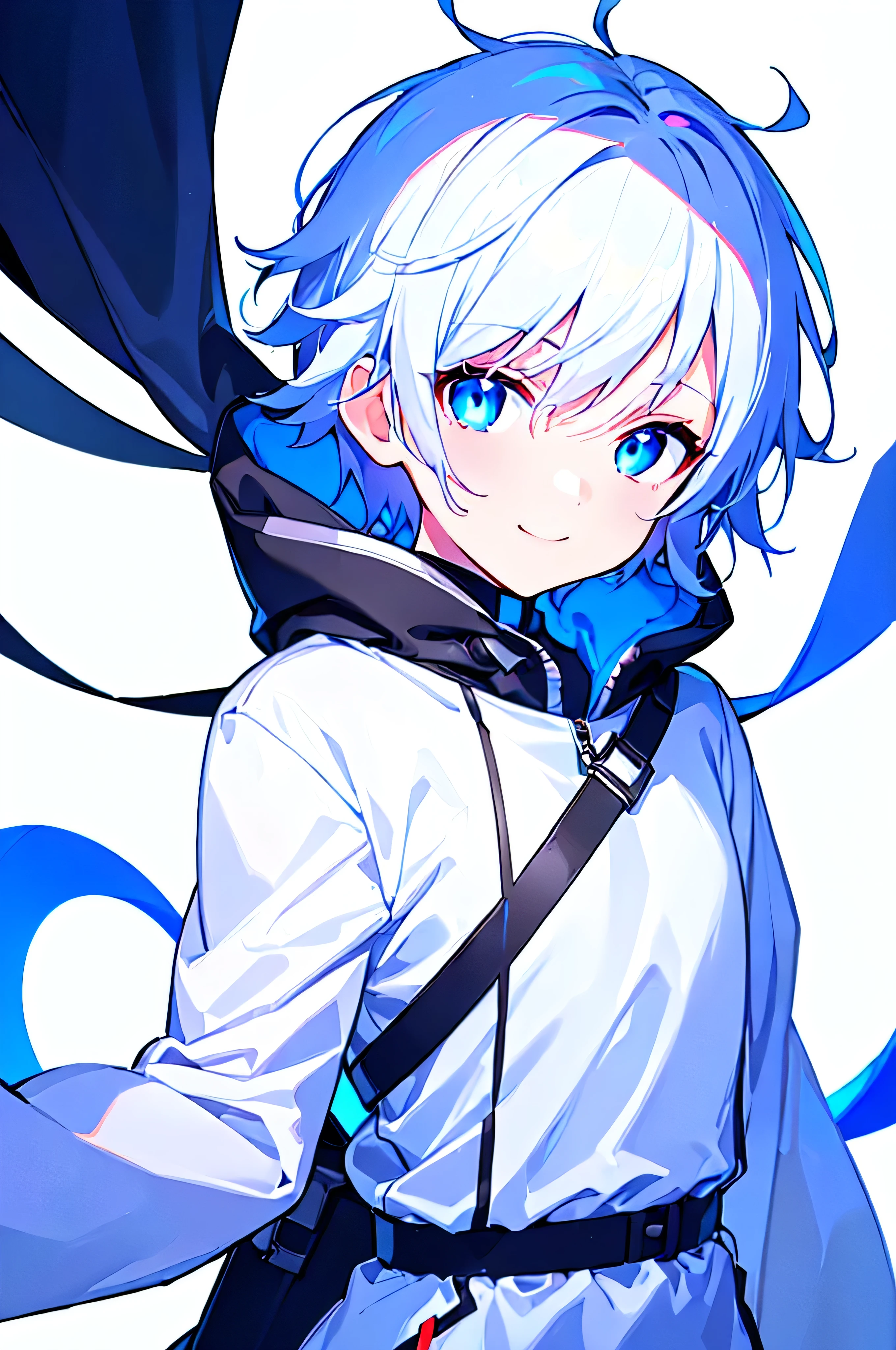 [(WHITE BACKGROUND:1.5),::5], ((((masterpiece)))), high quality, ultra_very_high_resolution, large_filesize, full color, (((solo))), ((little boy)), ((white color short hair)), blue eyes, anime, upper body, neon light, black parka, light smile, upperbody,