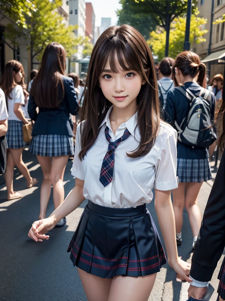 (8k, RAW Photos, Highest quality, masterpiece:1.2), (Realistic, photo-Realistic:1.4), (extremely detailed 8k wallpaper), ((Full Body Shot)), (((1 girl))), Sharp focus, Depth of written boundary, Cinematic lighting, Soft Light, (緻密な美しさのeye, eye_Chan, Very beautiful 17 year old girl, innocent big eyes, Realistic, photo Realistic, Highly detailed cute girl, (Thin thighs), (Model body type), (Brown Hair), (Medium Bob Hair), (Asymmetrical bangs), ((A happy smile)), Glowing Skin, Ultra-dense skin ,High resolution, High Detail, Detailed hairstyle, Detailed facial beauty, hyper Realistic, Perfect limbs, Perfect Anatomy, Perfect female body, (school uniform:1.3),(Mini Skirt Navy blue checked micro mini skirt), Watching the audience, (Crowded city street:1.3)