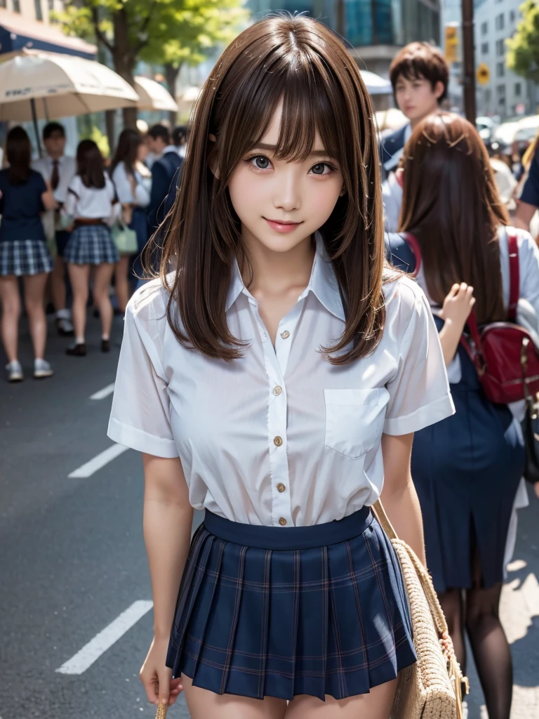 (8k, RAW Photos, Highest quality, masterpiece:1.2), (Realistic, photo-Realistic:1.4), (extremely detailed 8k wallpaper), ((Full Body Shot)), (((1 girl))), Sharp focus, Depth of written boundary, Cinematic lighting, Soft Light, (緻密な美しさのeye, eye_Chan, Very beautiful girl, innocent big eyes, Realistic, photo Realistic, Highly detailed cute girl, (Thin thighs), (Model body type), (Brown Hair), (Medium Bob Hair), (Asymmetrical bangs), ((A happy smile)), Glowing Skin, Ultra-dense skin ,High resolution, High Detail, Detailed hairstyle, Detailed facial beauty, hyper Realistic, Perfect limbs, Perfect Anatomy, Perfect female body, (school uniform:1.3),(Mini Skirt Navy blue checked micro mini skirt), Watching the audience, (Crowded city street:1.3)