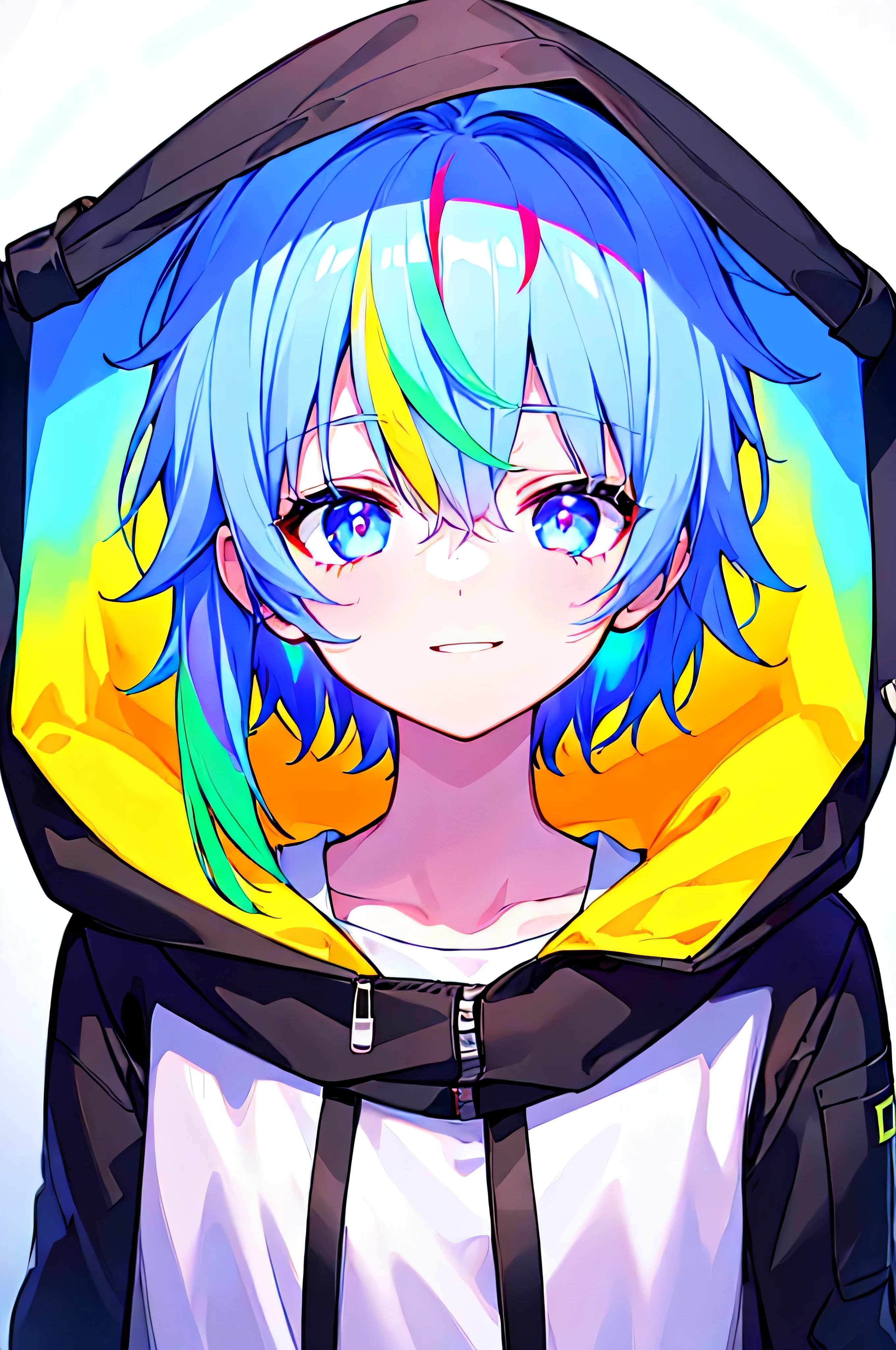 [(WHITE BACKGROUND:1.5),::5], ((((masterpiece)))), high quality, ultra_very_high_resolution, large_filesize, full color, (((solo))), (( boy)), ((rainbow color short hair)), rainbow eyes, anime, upper body, light smile, neon light, black parka, upperbody,