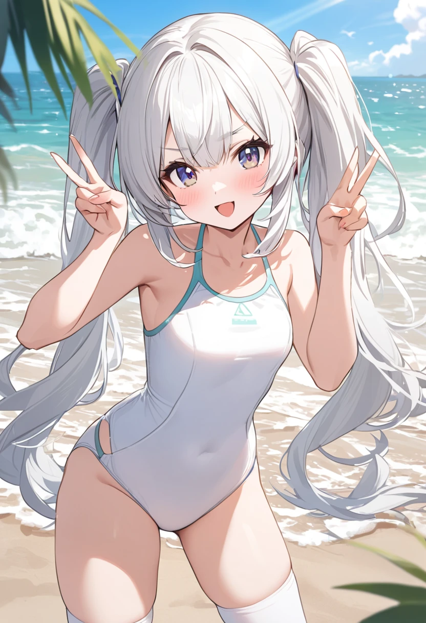 On the beach, wearing white swim suit, wearing white stocking, peace pose, white hair, twin tail hair