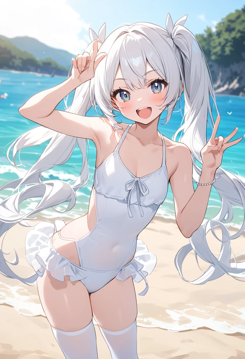 On the beach, wearing white swim suit, wearing white stocking, peace pose, white hair, twin tail hair