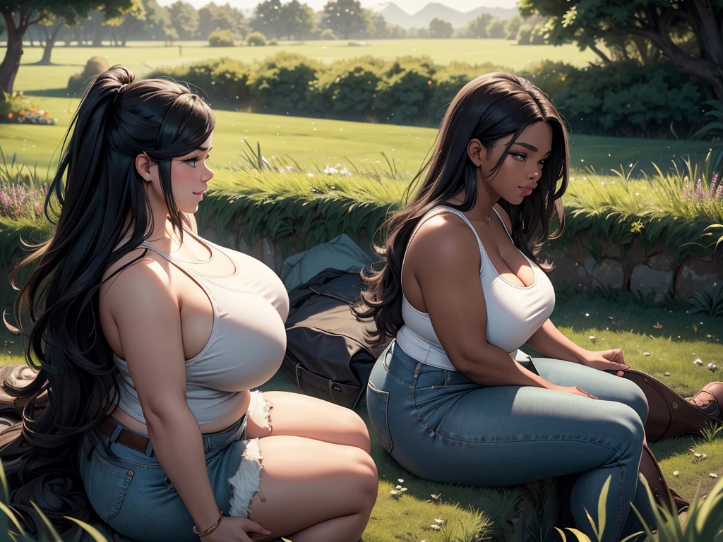 full side  view of a very full-figured  BBW woman, booty shorts, jeans, white tank top,  long hair, smiling, dark skin, . shallow depth of field, highly detailed, high budget,   moody, epic. grass meadow. anatomically correct. Sitting astride fat shire horse.