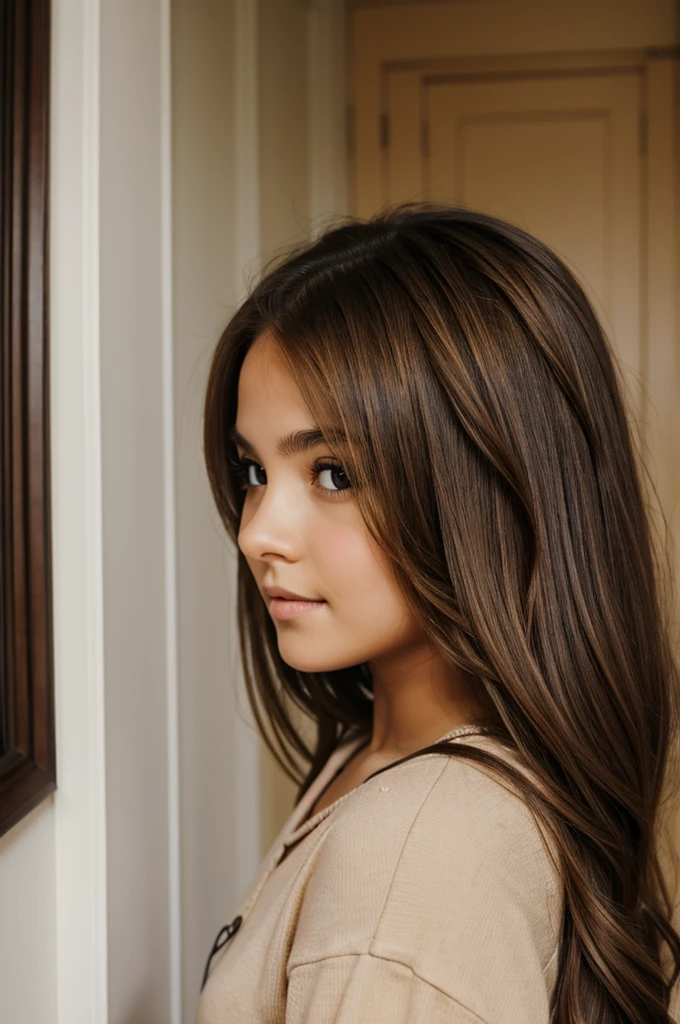 Girl with brown hair and brown eyes inside room 