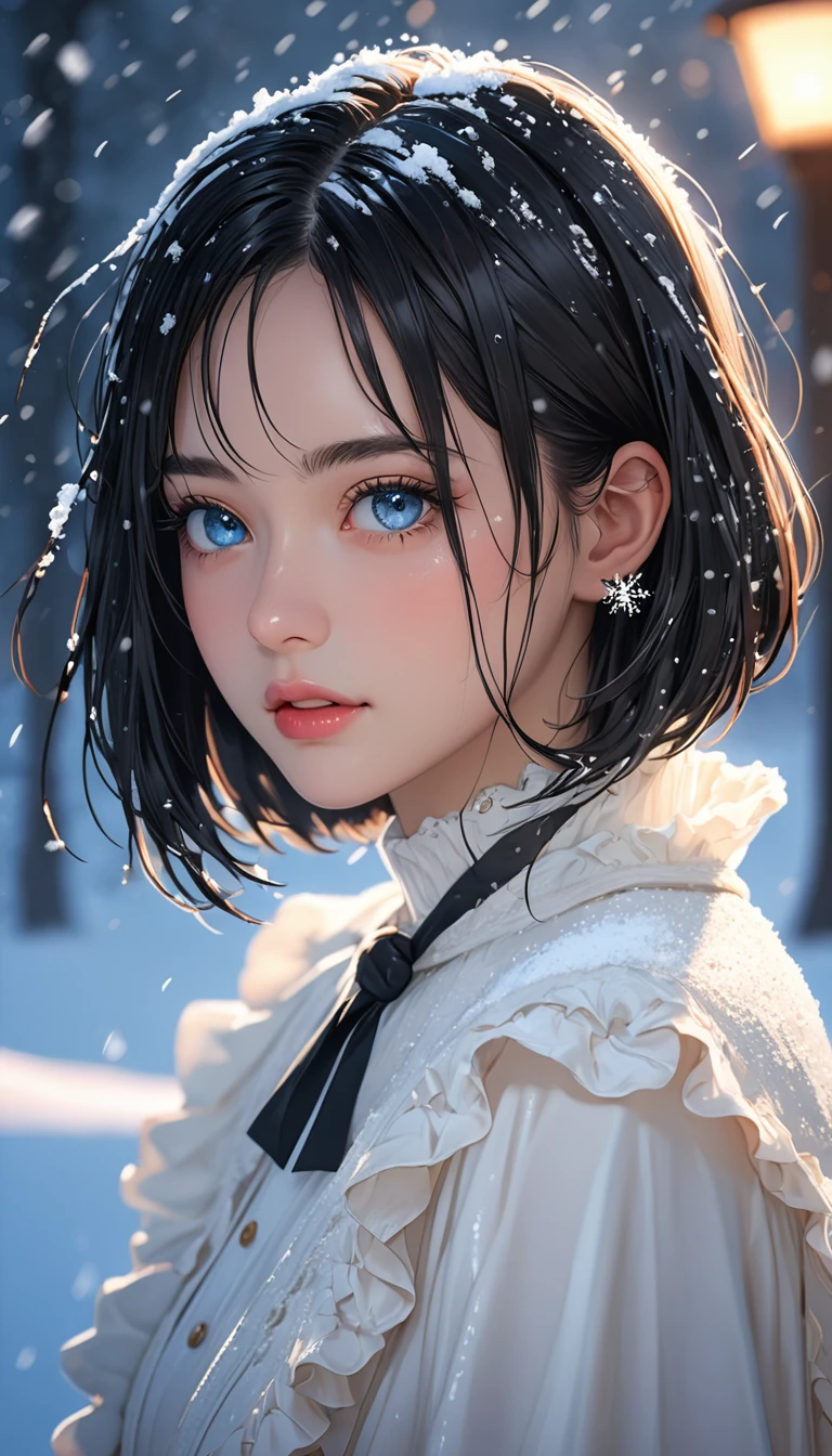(((masterpiece))),best quality,illustration,4k wallpaper,movie lighting,absurd,1 girl,(snow,ice),in winter,black hair,shiny hair,medium bob,blue eyes,white clothes,frills,lace,wet clothes,leave_Shoulder,hair tie,masterpiece,telephoto lens,absurd,Exquisite face,features,natural light,soft light,(Seven-part combination),epic,Dreamy and magical,mystery,