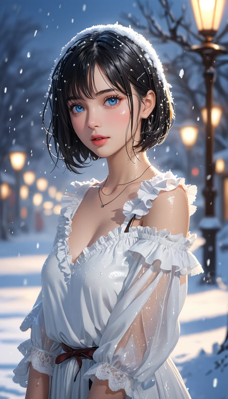 (((masterpiece))),best quality,illustration,4k wallpaper,movie lighting,absurd,1 girl,(snow,ice),in winter,black hair,shiny hair,medium bob,blue eyes,white clothes,frills,lace,wet clothes,leave_Shoulder,hair tie,masterpiece,telephoto lens,absurd,Exquisite face,features,natural light,soft light,(Seven-part combination),epic,Dreamy and magical,mystery,
