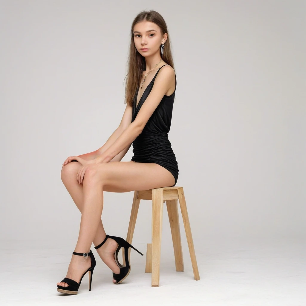 Spread Legs, black pubic hair, front view, beautiful, completely naked very skinny russian girl , bare thighs, earrings, in wrap top, stand in mix shoes heel, arms crossed, white background, photorealistic