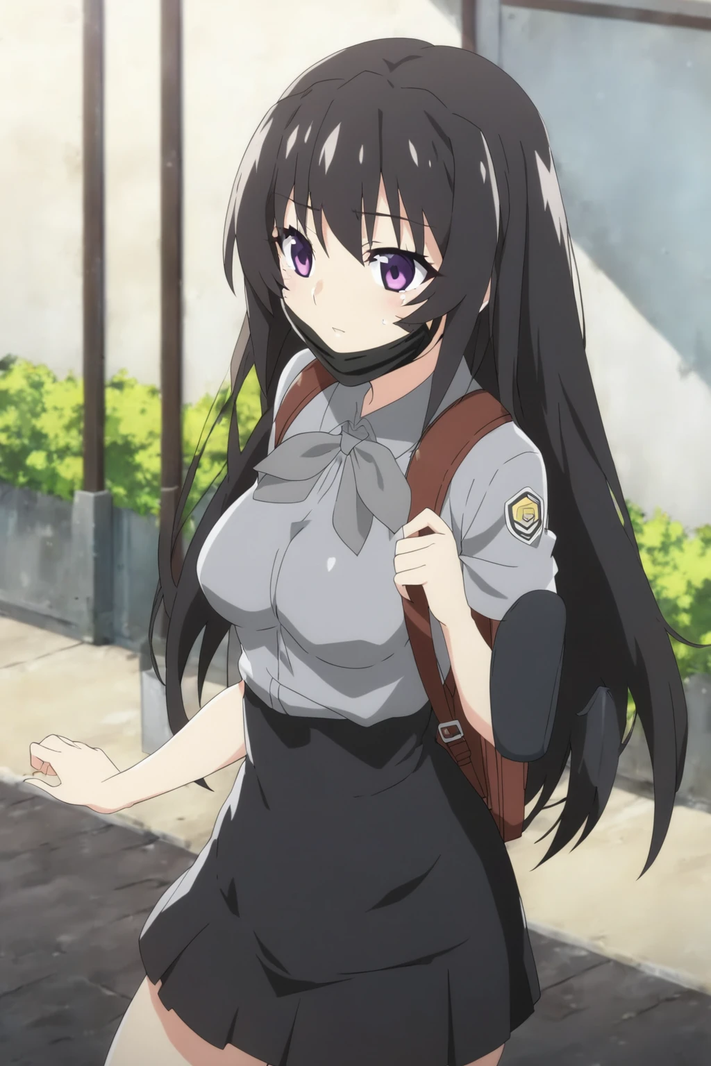 anime girl with a backpack and a mask on her face, purple eyes, anime moe artstyle, cute anime waifu in a nice dress, anime visual of a cute girl, beautiful anime high school girl, gray shirt, short skirt, anime girl with long hair, long straight hair, high quality anime artstyle, from girls frontline, anime style 4k, mature anime girl, anime girl wearing a black dress, kantai collection style,black shiny hair, normal breast