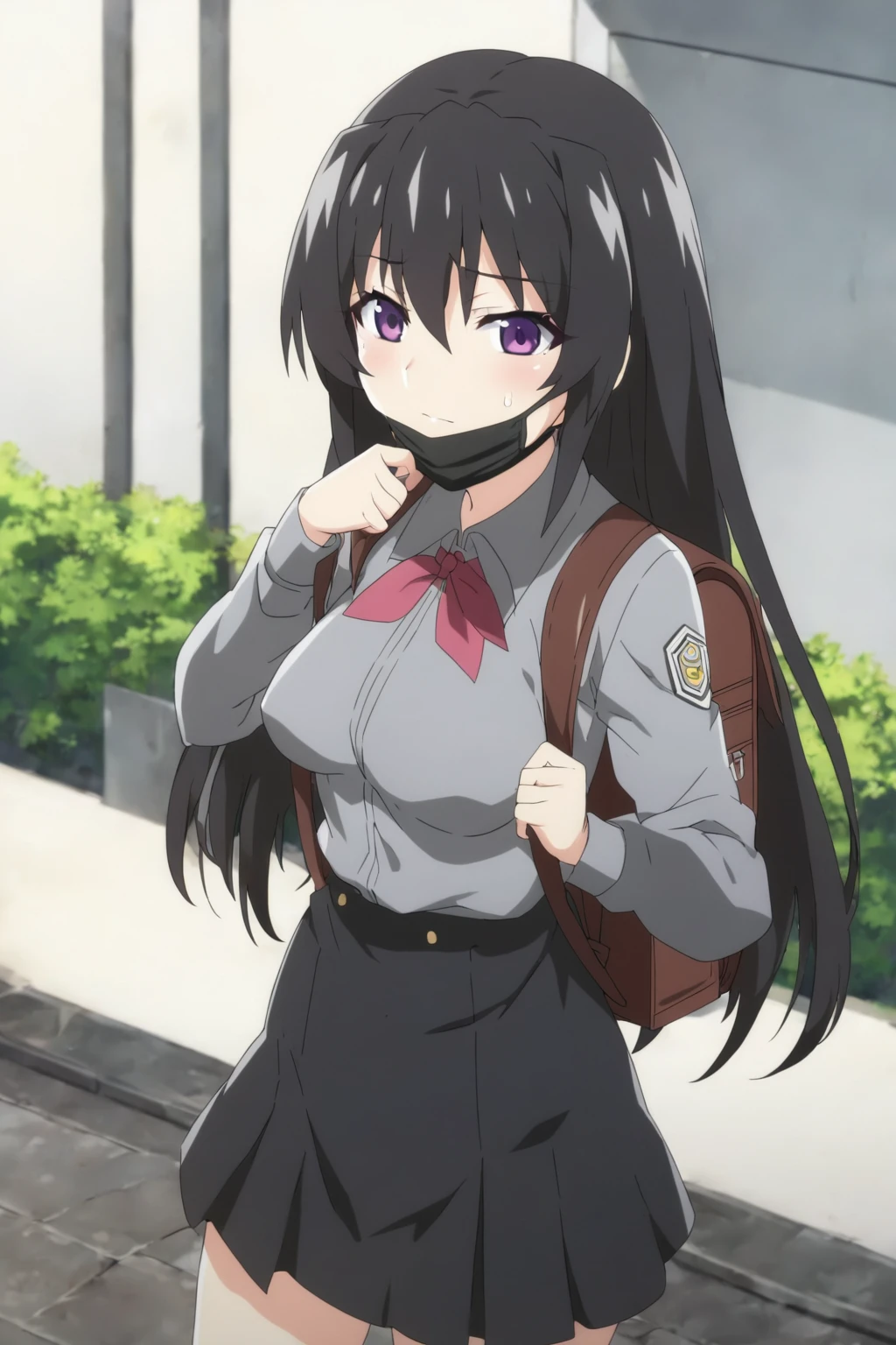anime girl with a backpack and a mask on her face, purple eyes, anime moe artstyle, cute anime waifu in a nice dress, anime visual of a cute girl, beautiful anime high school girl, gray shirt, short skirt, anime girl with long hair, long straight hair, high quality anime artstyle, from girls frontline, anime style 4k, mature anime girl, anime girl wearing a black dress, kantai collection style,black shiny hair, normal breast