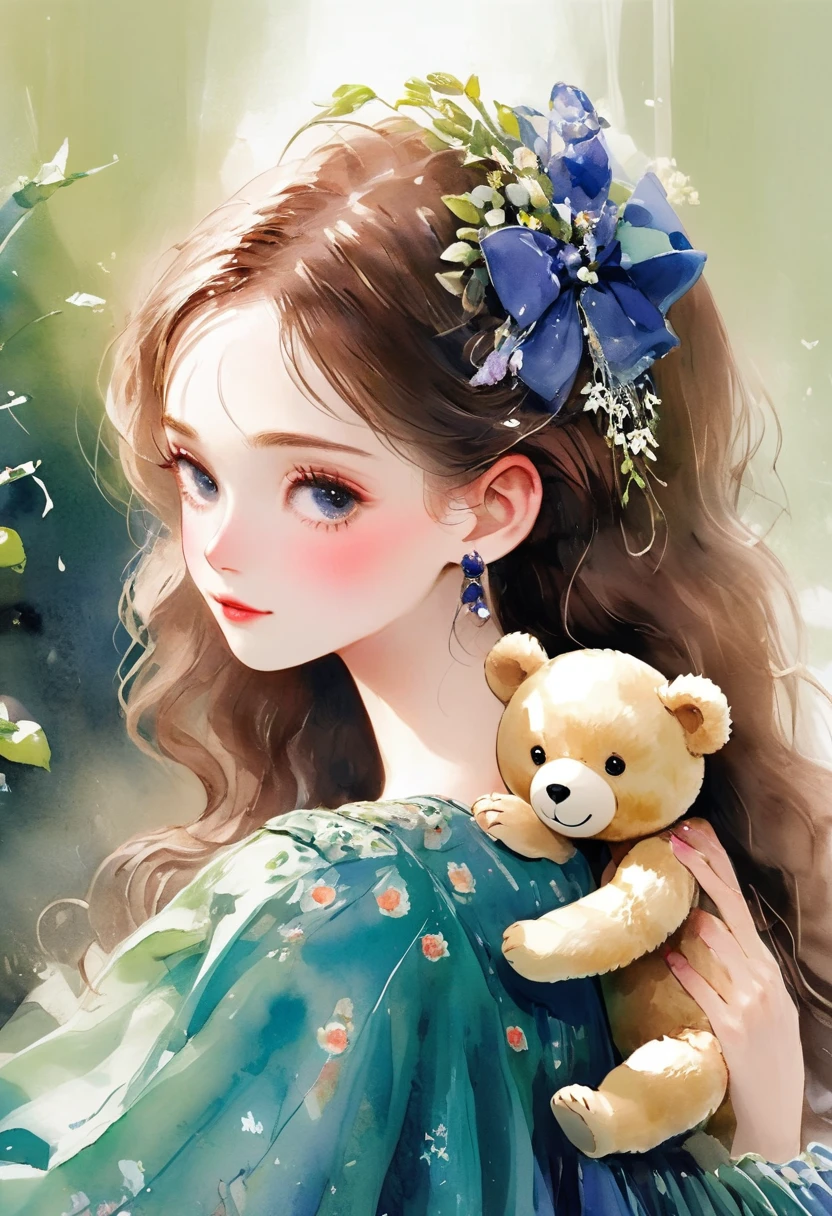 ((antique:1.5)),((hugging a teddy bear)),(Teddy bear),Beautiful and cute woman,1 Female,Solo,Sharp features,Sophisticated,((Watercolor:1.5)),whole body,超High resolution,((Attention to detail:1.5)),high quality,High resolution,最high quality,(vintage:1.4),(Cute pose:1.3),Dull color,So adorable,model like,Fluffy atmosphere,(Accurate body),((antiqueな服)),(Super Detail),Fashionable hairstyle,Pink Dress,