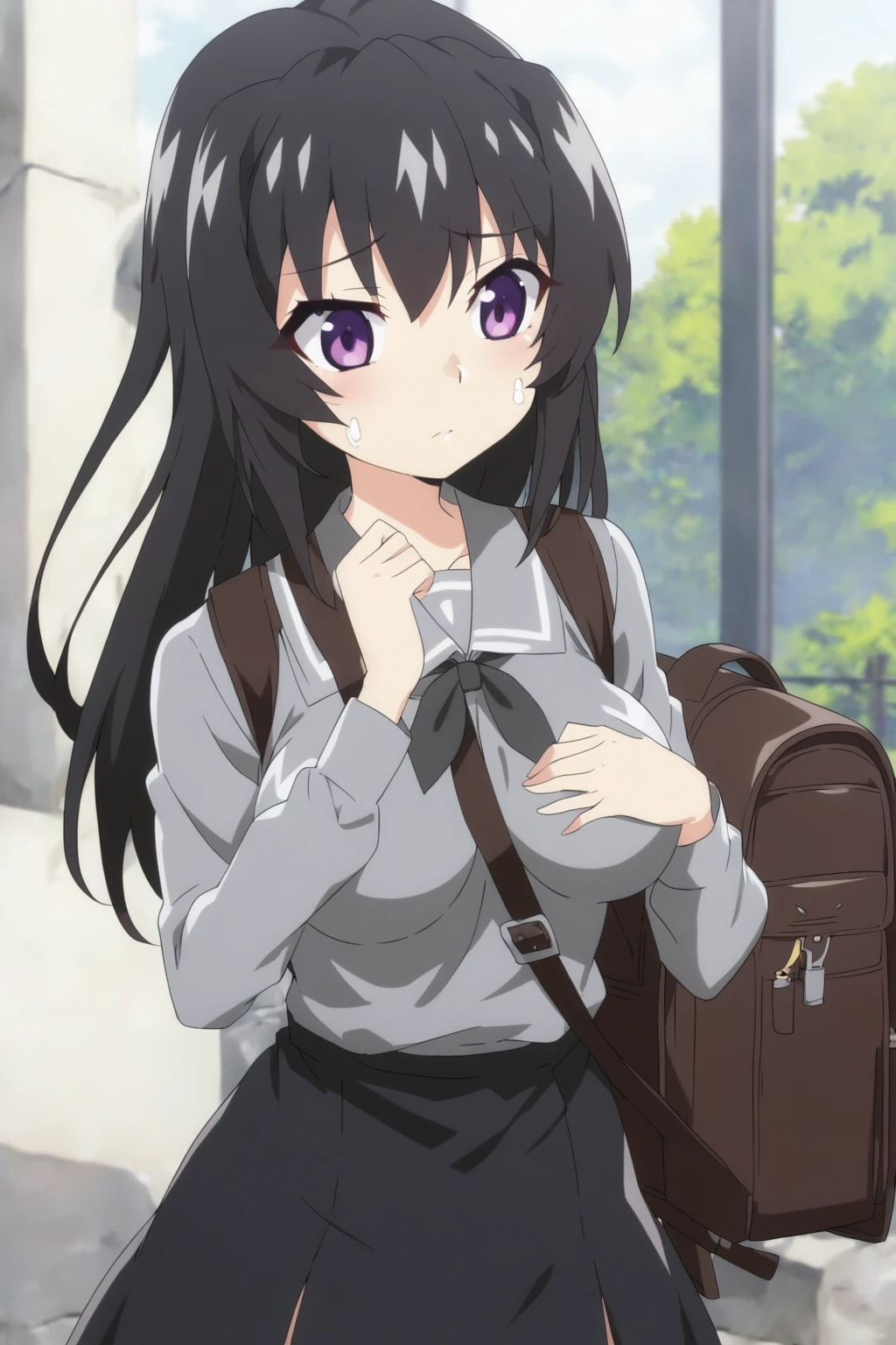 anime girl with a backpack and a mask on her face, purple eyes, anime moe artstyle, cute anime waifu in a nice dress, anime visual of a cute girl, beautiful anime high school girl, gray shirt, short skirt, anime girl with long hair, long straight hair, high quality anime artstyle, from girls frontline, anime style 4k, mature anime girl, anime girl wearing a black dress, kantai collection style,black shiny hair, normal breast