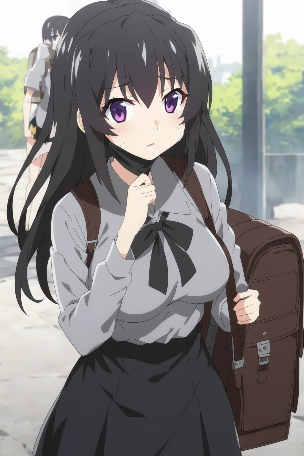 anime girl with a backpack and a mask on her face, purple eyes, anime moe artstyle, cute anime waifu in a nice dress, anime visual of a cute girl, beautiful anime high school girl, gray shirt, short skirt, anime girl with long hair, long straight hair, high quality anime artstyle, from girls frontline, anime style 4k, mature anime girl, anime girl wearing a black dress, kantai collection style,black shiny hair, normal breast