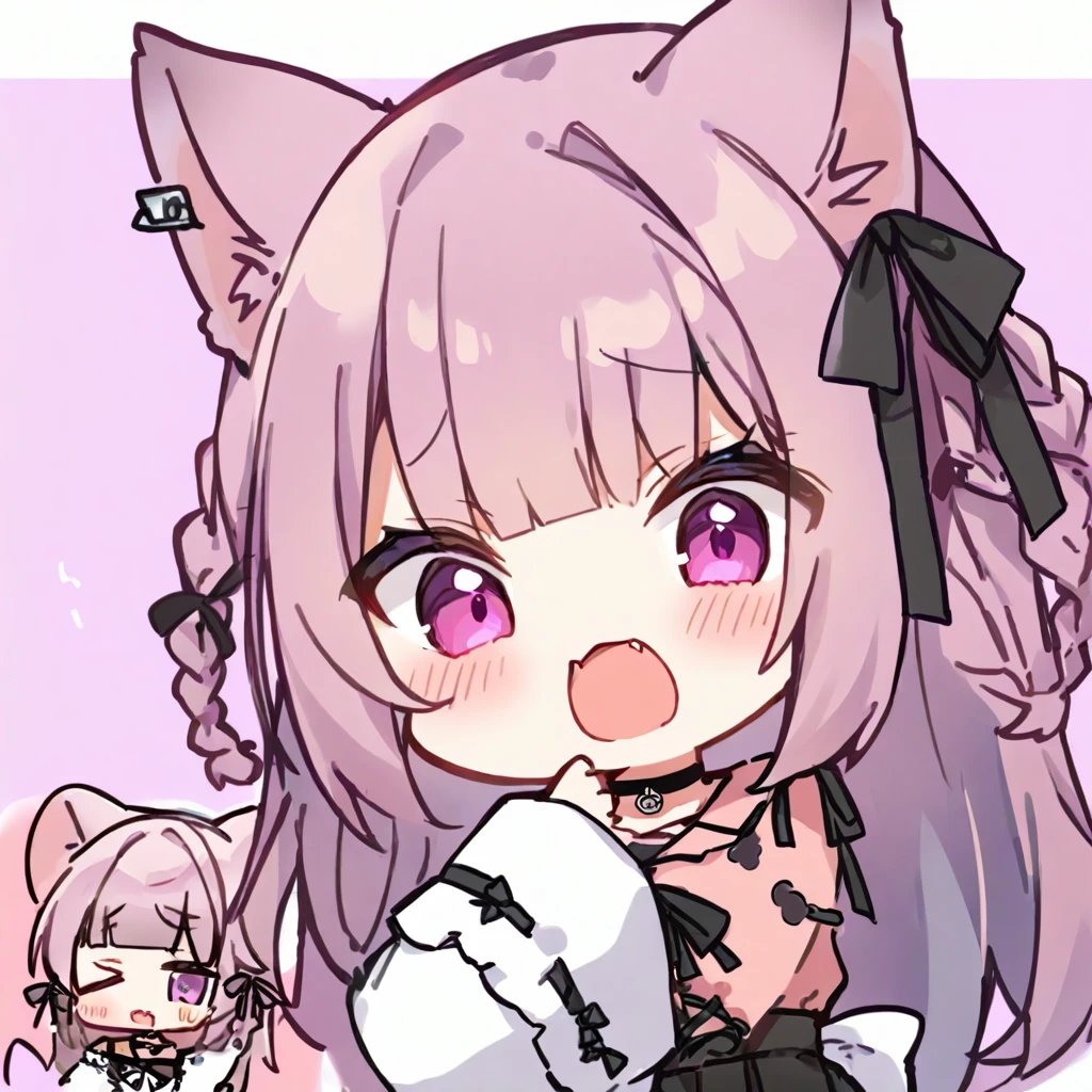 Top quality, masterpiece, chibi character, animal ear girl, peal purple and blunt bangs hair, twin braids, eyes closed, mouth wide open and screaming, blushing, smilng,fangs,(a girl with closs hair pin,
pink shirt,cosplay, jirai kei, bangs, black skirt, black bow, looking at viewer, bow, long sleeves, choker, ribbon,portrait shot :1.4),A girl being examined by a female doctor in a white coat,