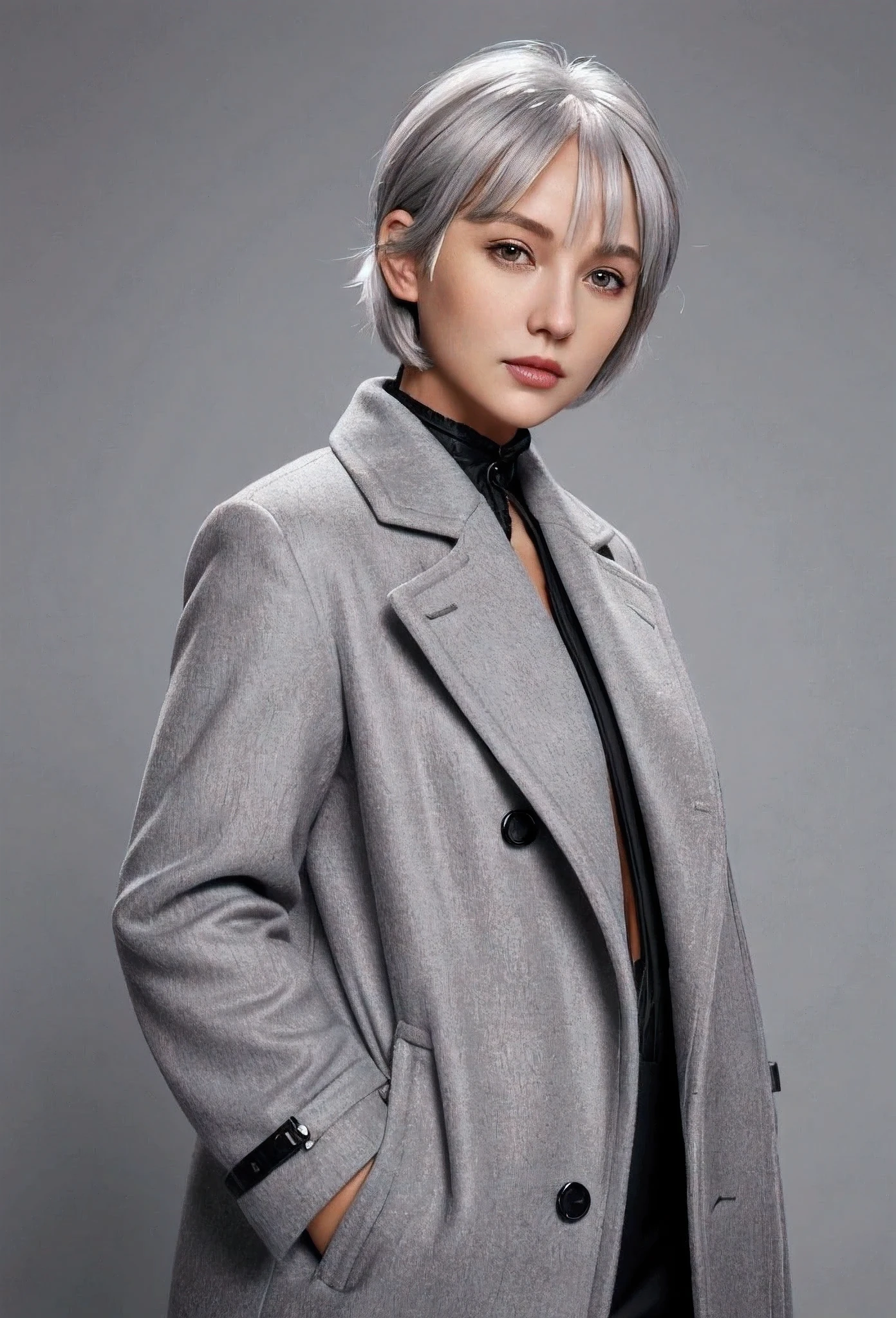 there is a woman with wearing orange coat, wearing silver hair, grey hair, silver hair, cloudy grey hair, with short hair, some grey hair, short grey hair, silver color, girl silver hair, ash blond greyish hair, girl with short white hair, flowy white grey hair, going gray, chrome bob haircut