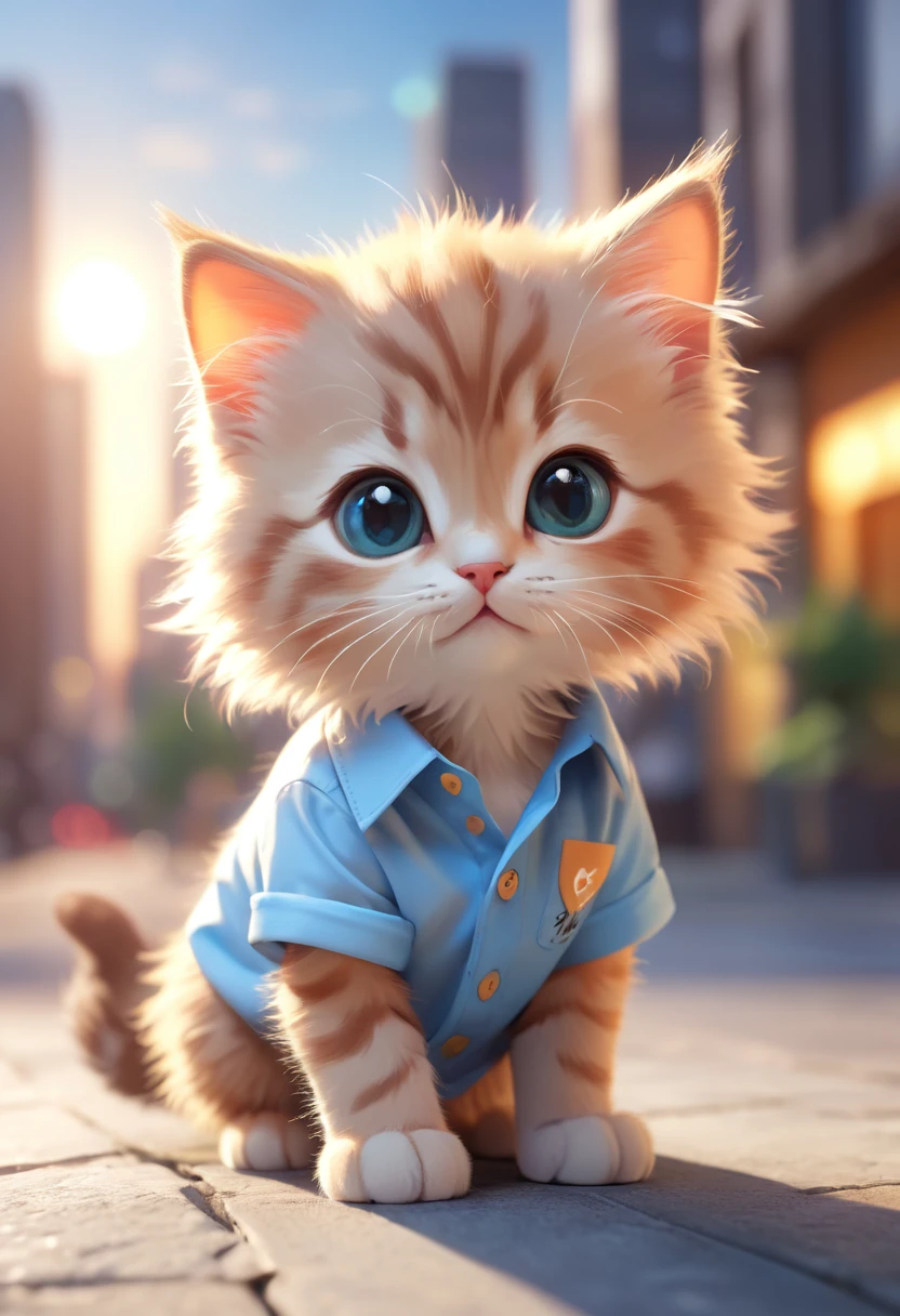 Cute kitten,Hairy,Wearing a shirt, blurred city background, Cute numbers, 3D Rendering, Bright light, Vibrant colors,
