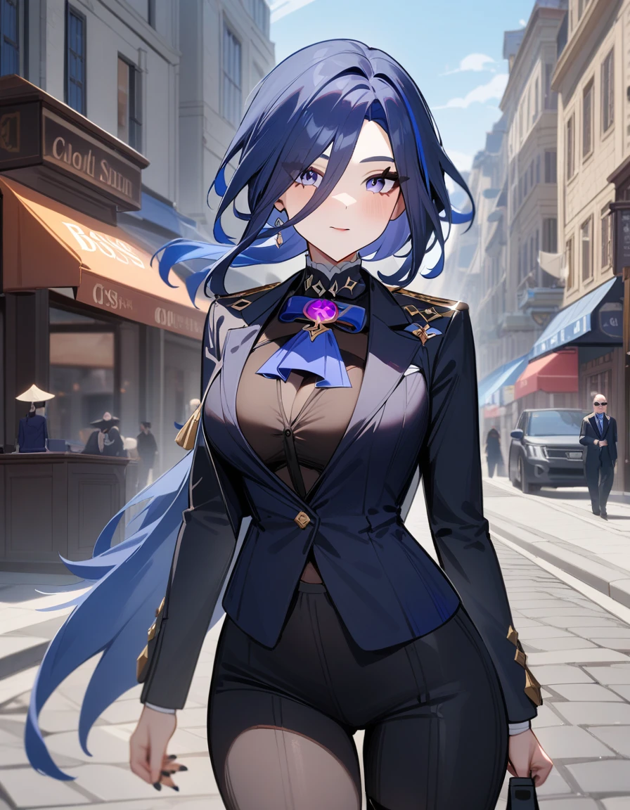 1girl, clorinde \(genshin impact\), genshin impact,boss,sun glasses, suit,cool,city street,masterpiece,very aesthetic,newest,sensitive
