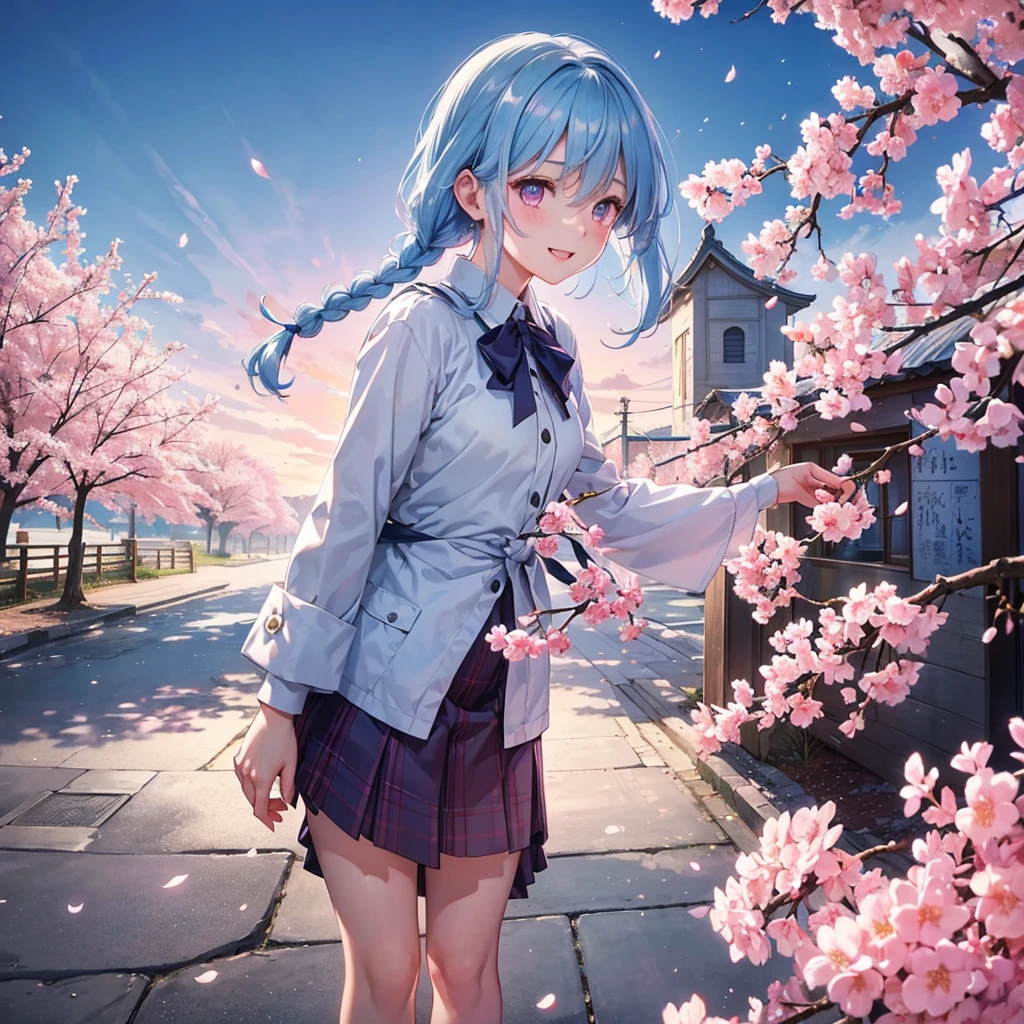 (Light Blue Medium Hair),(Braided Hair)、Pink Eyes、Fair skin、(whole body)、(uniform)、Cherry Blossoms at Night、Big smile、A dignified figure、alone、(masterpiece、Highest quality、Very detailed、Best Shadow)、(Detailed Background)、(Beautifully detailed face)、High Contrast、(Best lighting、Very delicate and beautiful)、((Cinematic Light))、colorful、Hyper Detail、Dramatic Light、Exquisite detail、