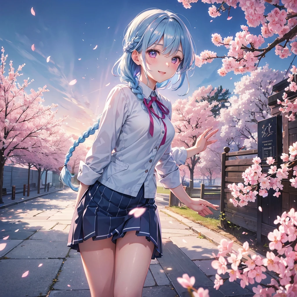 (Light Blue Medium Hair),(Braided Hair)、Pink Eyes、Fair skin、(whole body)、(uniform)、Cherry Blossoms at Night、Big smile、A dignified figure、alone、(masterpiece、Highest quality、Very detailed、Best Shadow)、(Detailed Background)、(Beautifully detailed face)、High Contrast、(Best lighting、Very delicate and beautiful)、((Cinematic Light))、colorful、Hyper Detail、Dramatic Light、Exquisite detail、