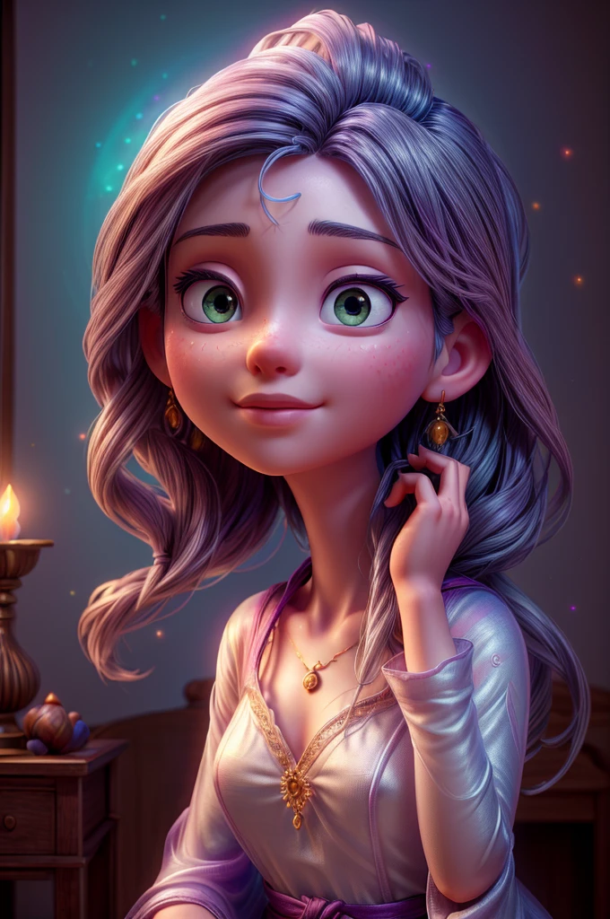 a woman meditating in her room, fluorescent energy around her face, light beings flying in her room, serene face, mystical energy, colorful and magical environment, (best quality,4k,8k,highres,masterpiece:1.2),ultra-detailed,(realistic,photorealistic,photo-realistic:1.37),intricate details, beautiful detailed eyes,beautiful detailed lips,extremely detailed eyes and face,longeyelashes,glowing skin,meditation pose,ethereal lighting,dreamlike,mystical,fantasy,digital art,vibrant colors,chiaroscuro