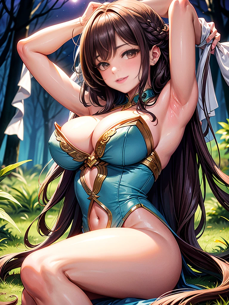 1lady solo, (looking up) from bellow, /(nude/), /(dark brown hair/) long bangs, blush light smile, (masterpiece best quality:1.2) delicate illustration ultra-detailed, large breasts, (show cleavage, arms up, long bang hair, sweet armpit, hot armpits, squirting pussy, orgasm pussy) BREAK /(in forest night/) in the forest night