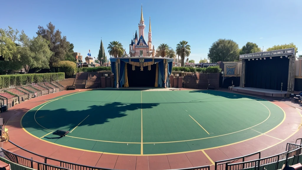 An empty outdoor stage at Disneyland during the day