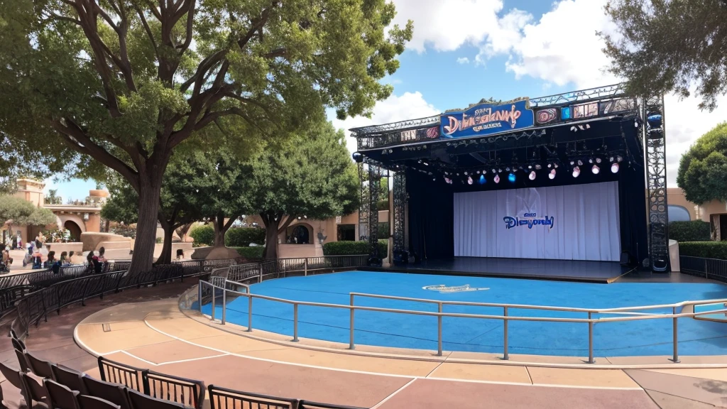 An empty outdoor stage at Disneyland during the day
