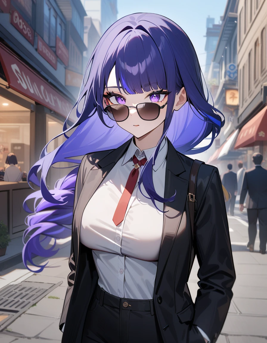 1girl, raiden shogun, genshin impact,boss,sun glasses, suit,cool,city street,masterpiece,very aesthetic,newest,sensitive