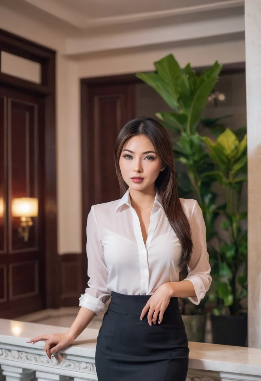 Sexy Asian business woman at the mansion. In the evening, she shows off her financial success.