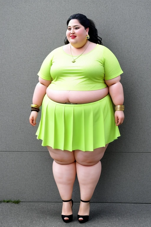 masterpiece, best quality, live action photo, 140kg extremely obese woman, large stomach, mini skirt, high heel, necklace, earring, bracelet