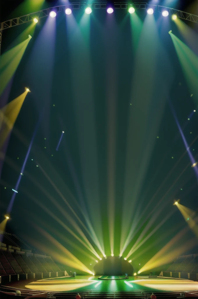create a close-up image of a stage with many lights on, live concert light, stage light, elaborate stage effects, concert light, stage light, Theatrical lighting, concert light, stage light, stage light , dramatic stage light, stage background, ( ( stage light ) ), concert light, advanced stage light, flashing concert light, led screens, green concert light