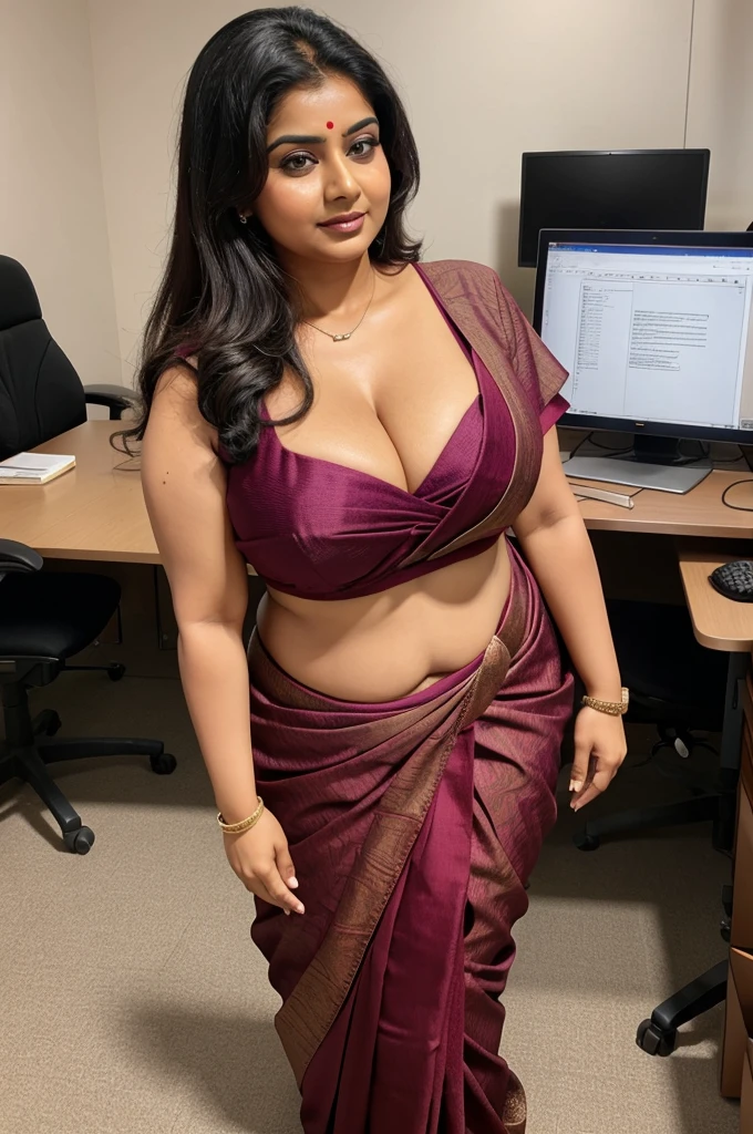 50 year old chubby Indian busty woman in saree, working in office,file in hand,cleavage, full body,