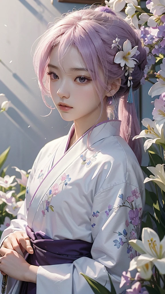 A Chinese boy who has a white hair and holding a sword wearing a white kimono with long long sleeps his kimono has a Persian painting patron and it's shiny behind him is a wall it's like a rock wall half top of the painting is surrounded by white pink purple and light blue flowers like Lily of the Valley and violets and the bottom of the painting there is so many gemstones who are pink purple and light blue the boy has a hair accessory that has a diamond shape gemstone stone that is deep red