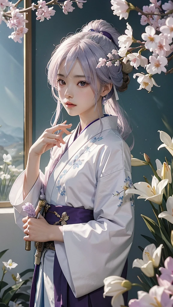 A Chinese boy who has a white hair and holding a sword wearing a white kimono with long long sleeps his kimono has a Persian painting patron and it's shiny behind him is a wall it's like a rock wall half top of the painting is surrounded by white pink purple and light blue flowers like Lily of the Valley and violets and the bottom of the painting there is so many gemstones who are pink purple and light blue the boy has a hair accessory that has a diamond shape gemstone stone that is deep red