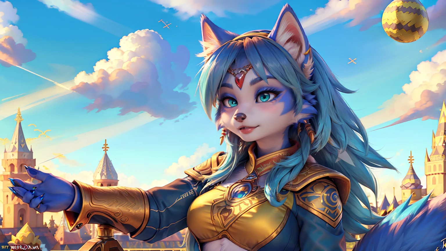 A beautiful and detailed (sweet picture) of ((Krystal)), Star Fox Krystal,  green eyes, medium breasts, (((Long blue hair 1.3))),  anthro, furry, (of Fluff-Kevlar, Bayard Wu, Personalami, Pino Daeni),  detailed fluffy fur, detailed face, (fluffy), 1 girl, alone, Haare bedecken ein Auge:1.4, (((geht über ein Feld mit hohem Gras :1.3))), (((schaut in den himmel:1.4))),